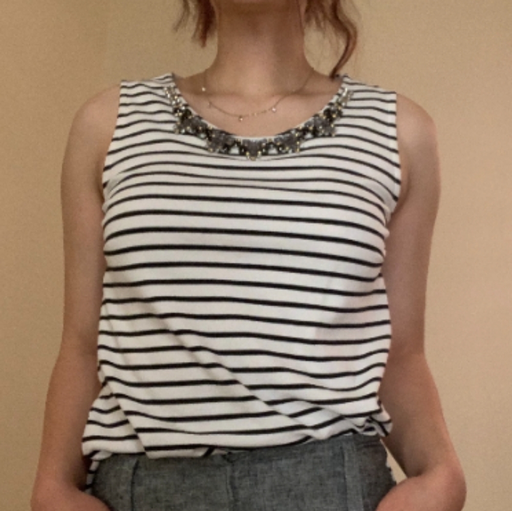 J.Crew, black and white striped shirt, with jewels lining the collar.
